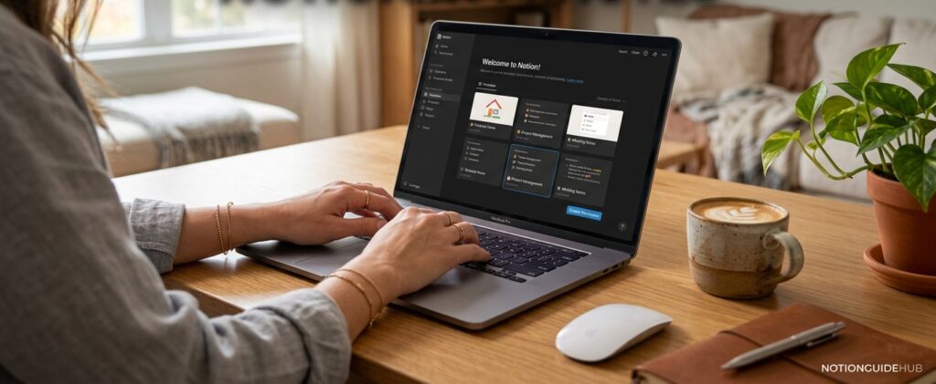 Person setting up a new Notion workspace on a laptop