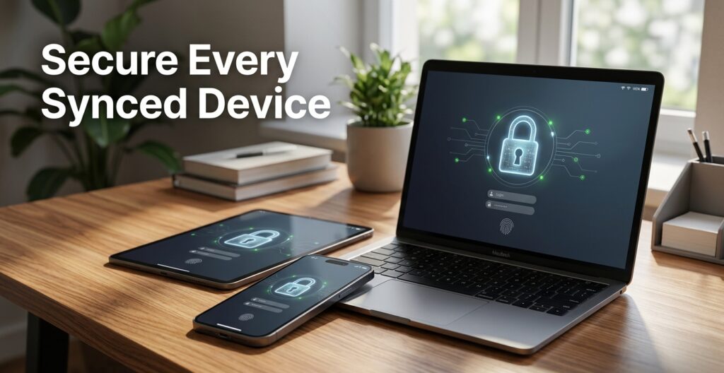 Phone, laptop, and tablet each showing a lock screen for password manager sync security