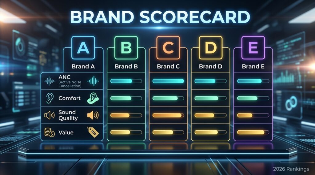Infographic scorecard comparing five wireless earbud brands across key ratings