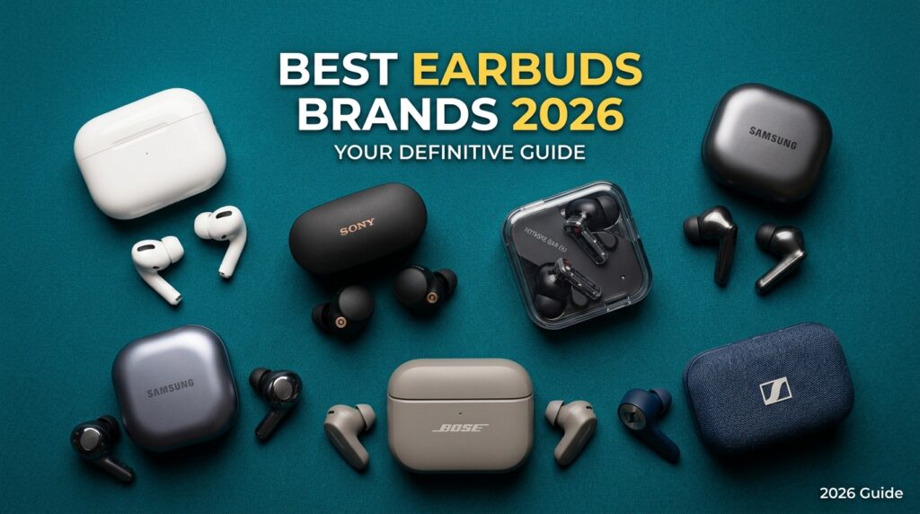 Flat-lay of wireless earbud cases representing top 2026 brands for social sharing