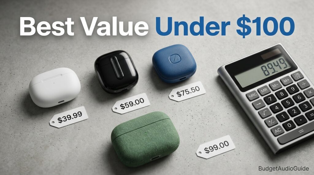 Flat lay of wireless earbuds with price tags for budget comparison 