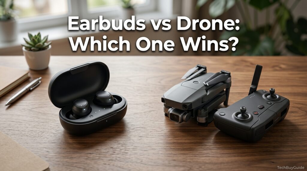 Wireless earbuds charging case next to a folded camera drone on a desk