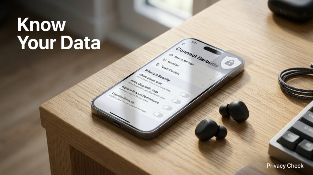 Smartphone showing earbuds companion app with a data privacy icon overlay 