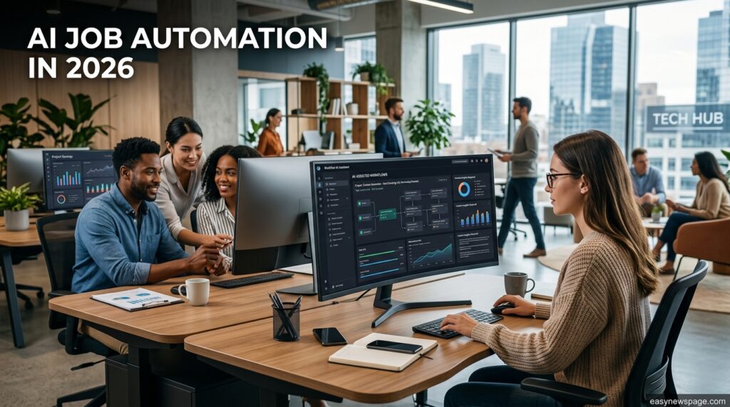 Office workers using AI dashboards at desks, illustrating AI job automation in 2026 
