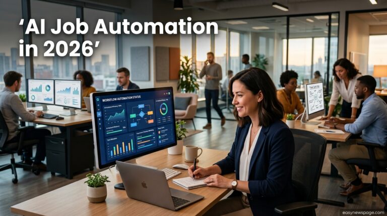 Office workers using AI dashboards at desks, illustrating AI job automation in 2026