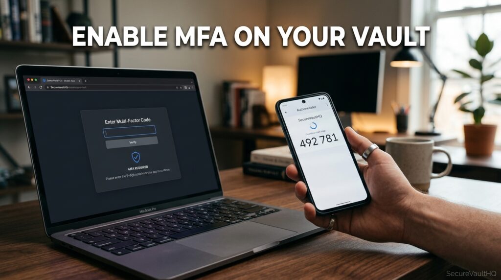 Smartphone authenticator app securing a password manager with MFA