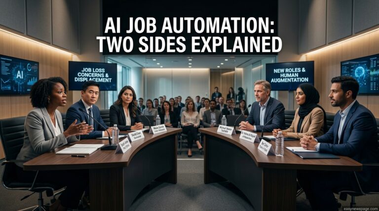 Split-scene panel discussion representing two sides of the AI job automation debate