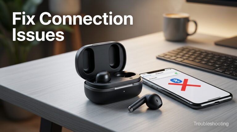 Wireless earbuds case with a Bluetooth connection troubleshooting icon on a nearby phone