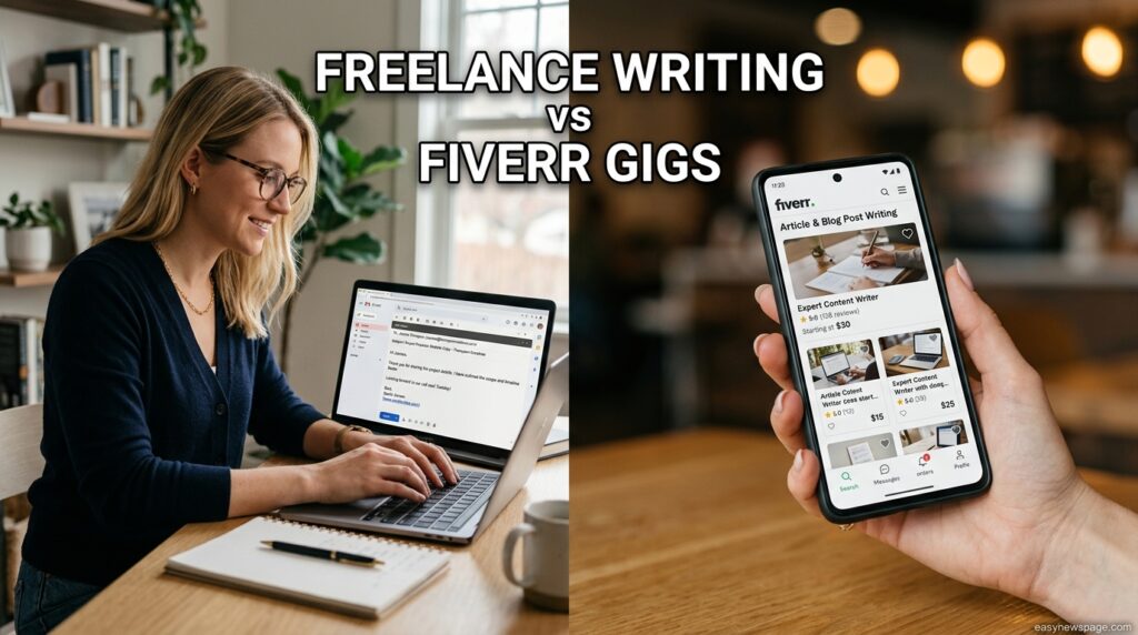 Split image comparing freelance writing income to Fiverr gig income 