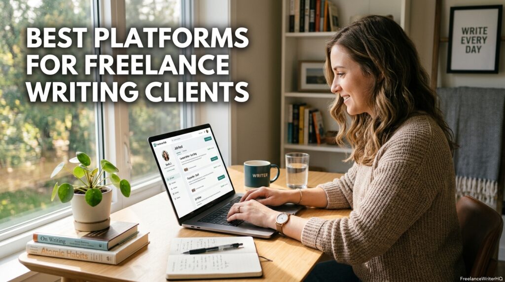 Freelance writer comparing platforms to find writing clients on a laptop
