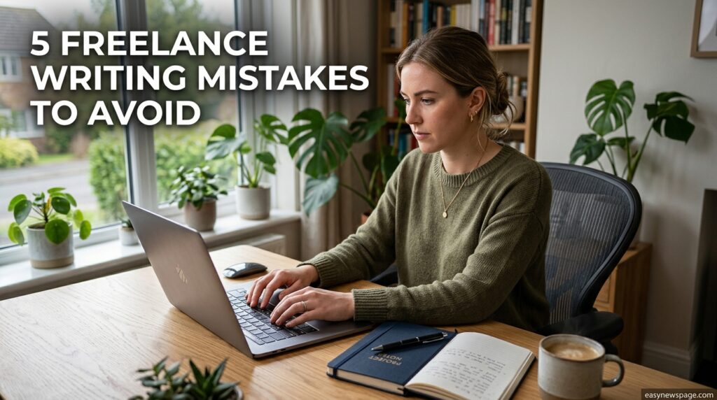 Freelance writer working at a desk, avoiding common freelance writing mistakes