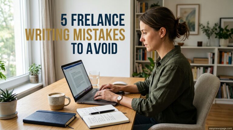 Freelance writer working at a desk, avoiding common freelance writing mistakes
