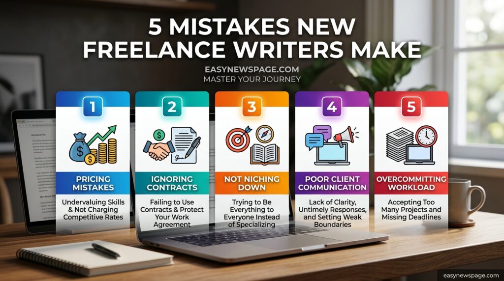 Infographic summarizing the 5 mistakes to avoid when starting freelance writing 