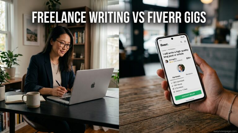 Split image comparing freelance writing income to Fiverr gig income