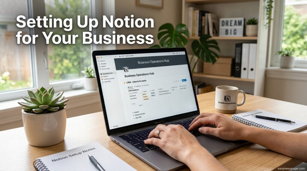 Small business owner setting up a Notion workspace on a laptop