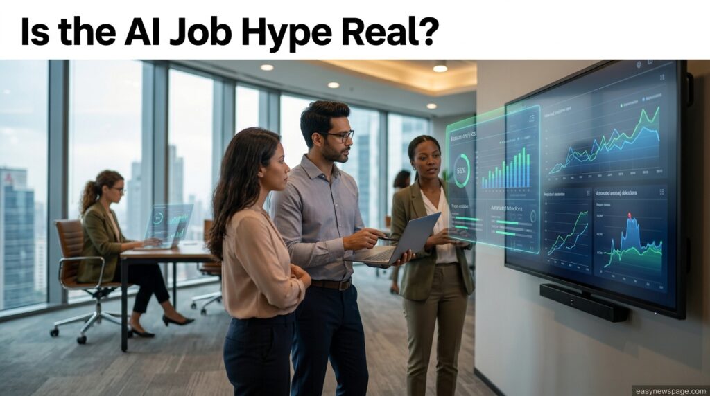 Office worker reviewing AI automation dashboard, symbolizing AI job automation trends 