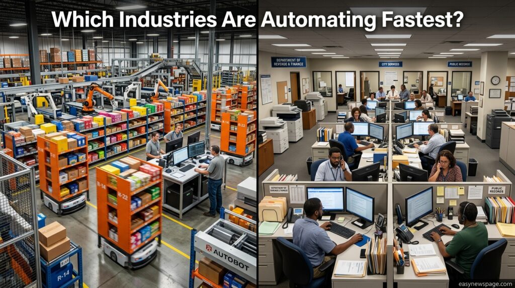 Comparison of fast-automating warehouse versus slow-automating office