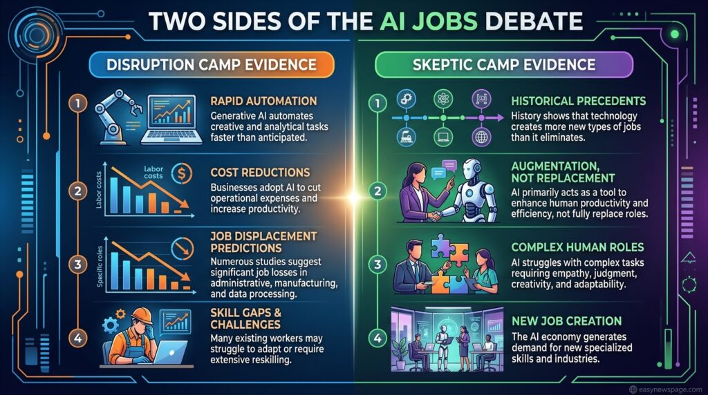 Infographic comparing key evidence from both sides of the AI job automation debate 