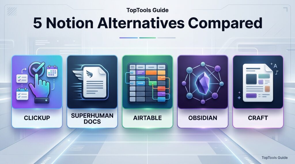 Infographic comparing five Notion alternative apps side by side 
