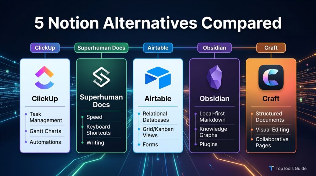Infographic comparing five Notion alternative apps side by side