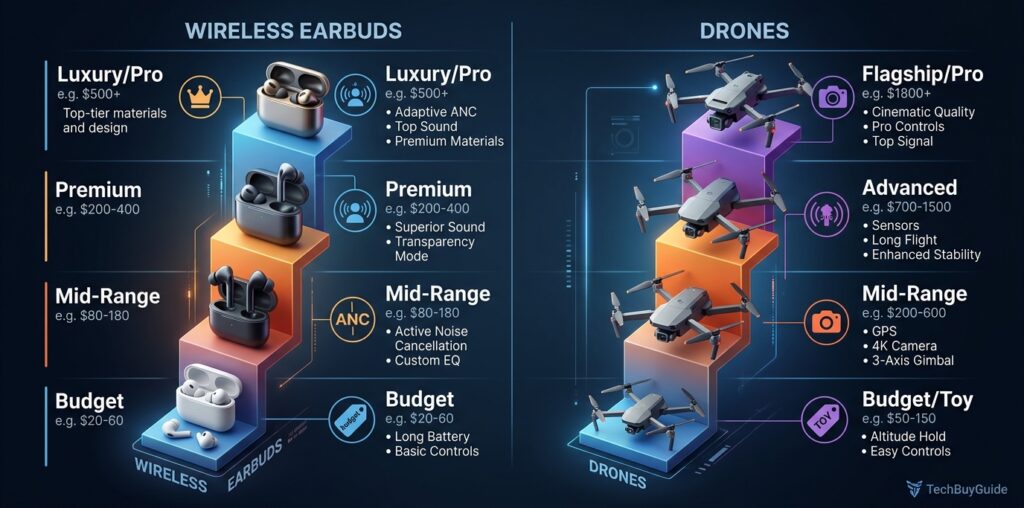 Price comparison infographic for wireless earbuds versus camera drones in 2026