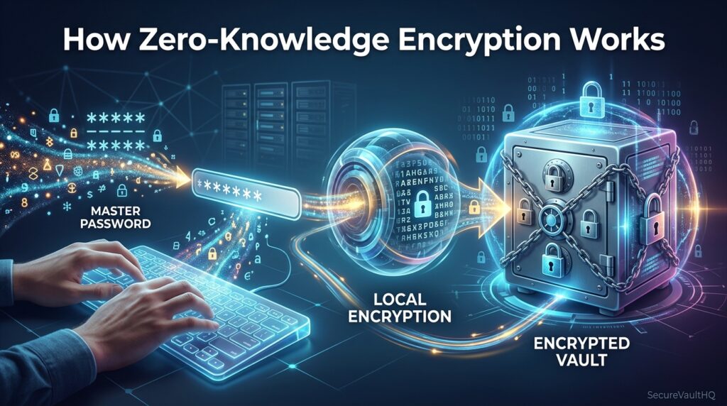 Infographic showing how zero-knowledge password manager encryption works