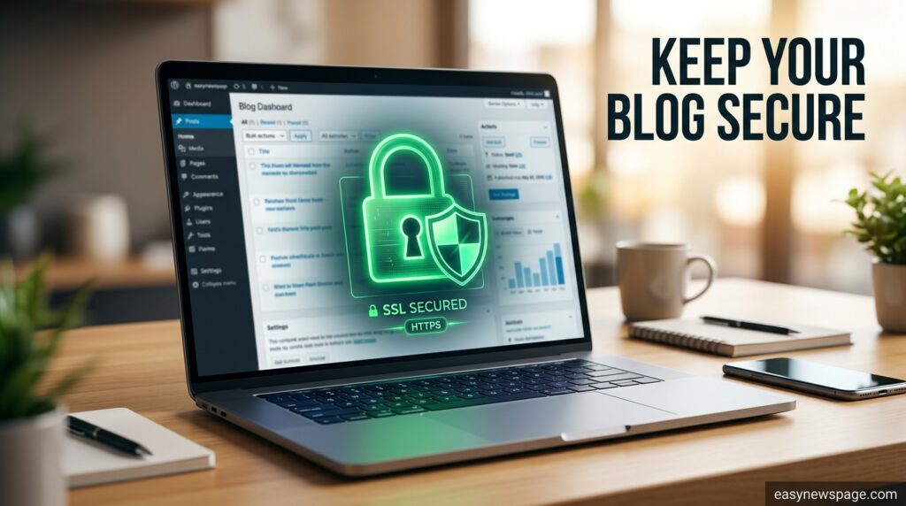 Laptop showing a security padlock icon representing blog protection on easynewspage.com 