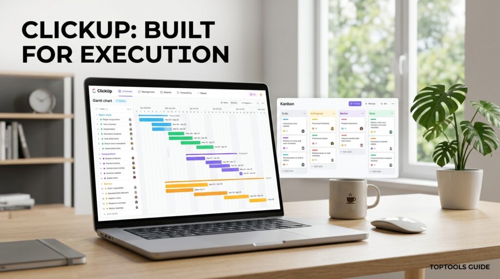 ClickUp project management dashboard shown on a laptop screen