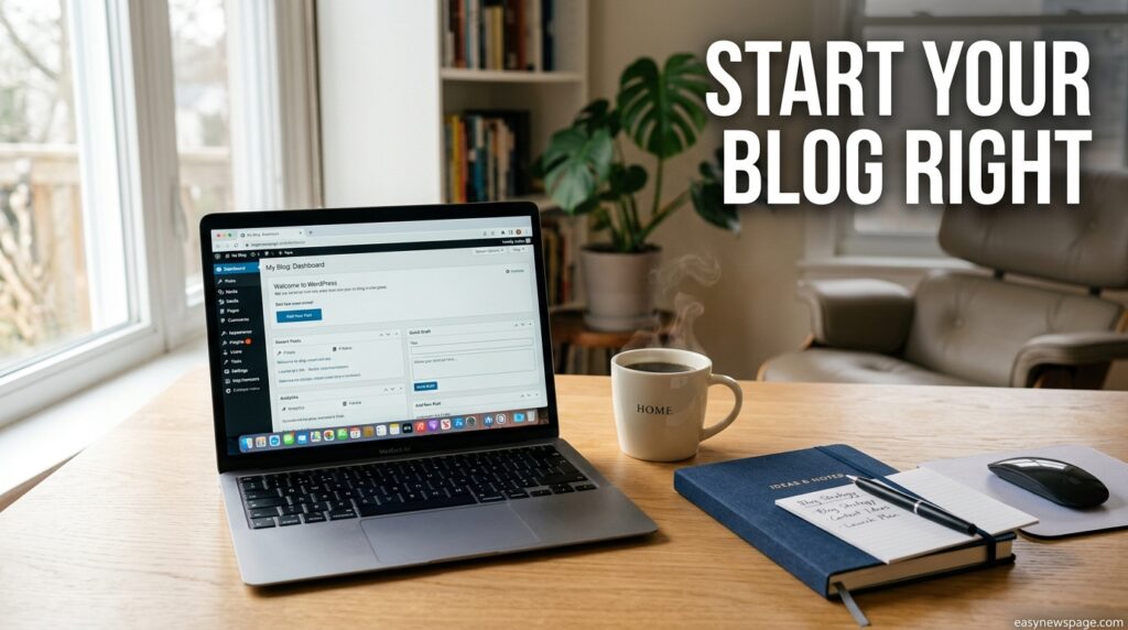 Laptop showing a blog dashboard on a desk, representing how to start a blog with the right tools 