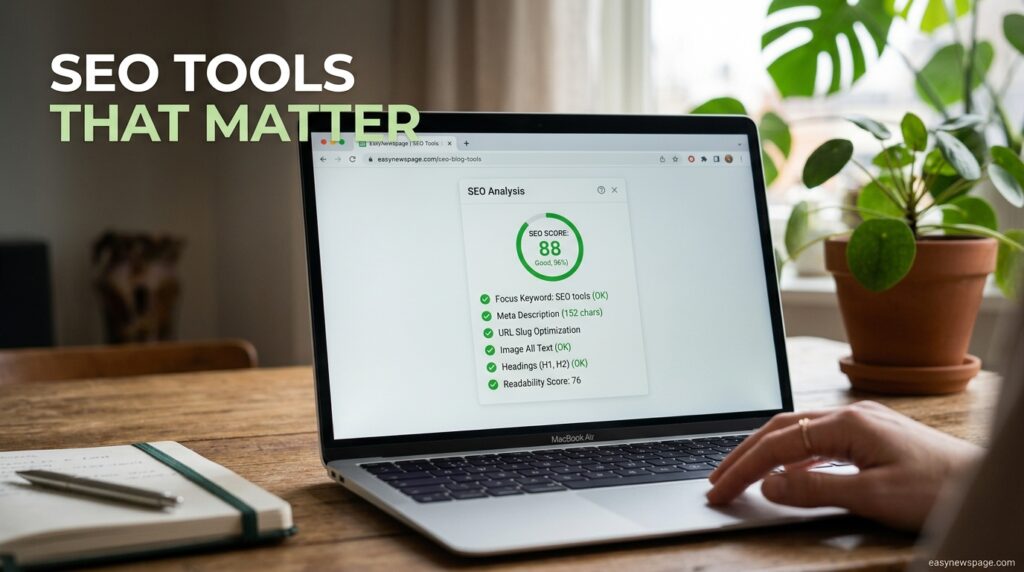 Laptop screen showing an SEO checklist widget for a blog post 