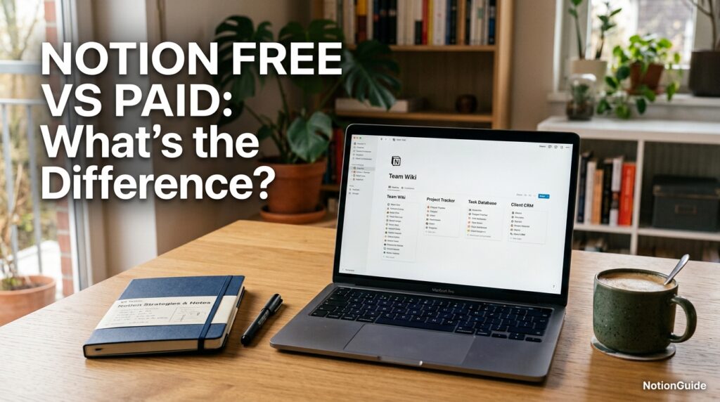 Laptop showing Notion workspace comparing free and paid plans 
