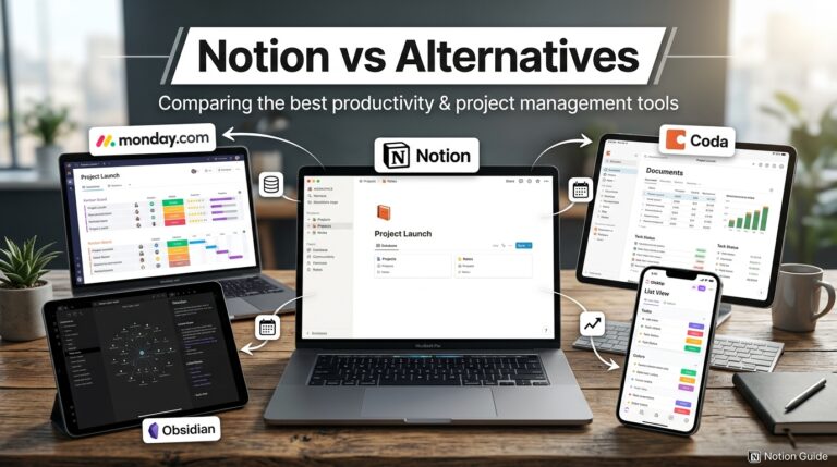 Comparison of Notion against alternative productivity tools on separate screens