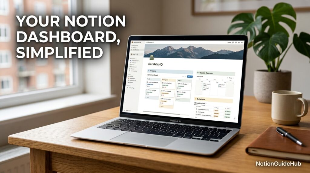 Notion dashboard with linked databases and calendar view on laptop screen