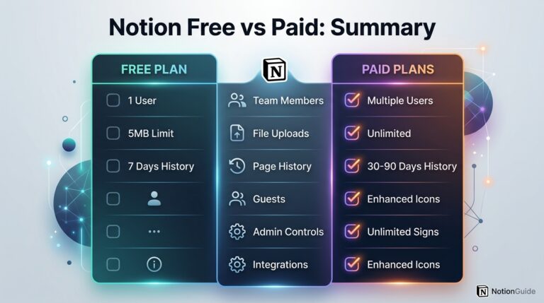 Summary infographic of key differences between Notion free and paid plans