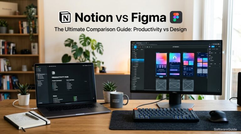 Split desk setup comparing Notion workspace and Figma design canvas