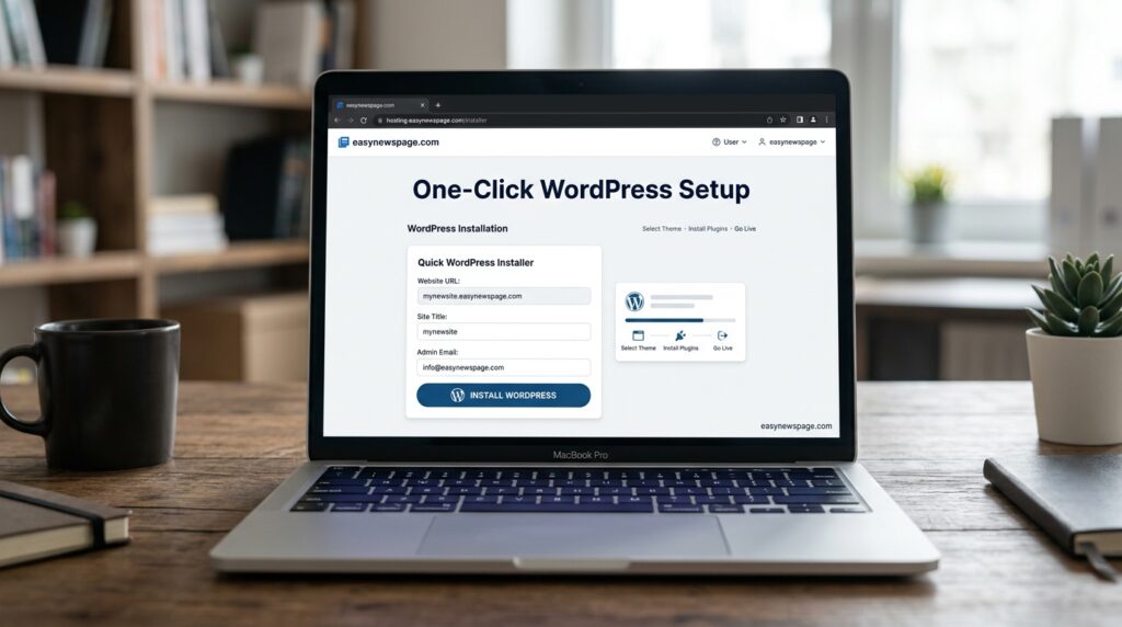 Laptop screen showing a one-click WordPress installer in a hosting control panel