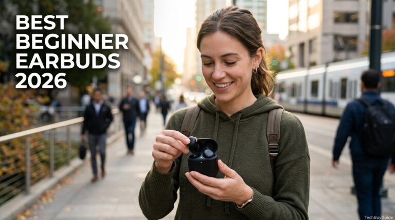 Alt Text: Person opening a wireless earbuds charging case outdoors in the morning Title: Best Wireless Earbuds for Beginners 2026