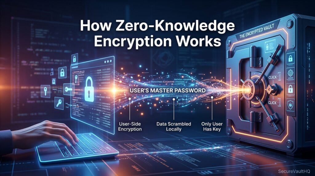 Infographic showing how zero-knowledge password manager encryption works