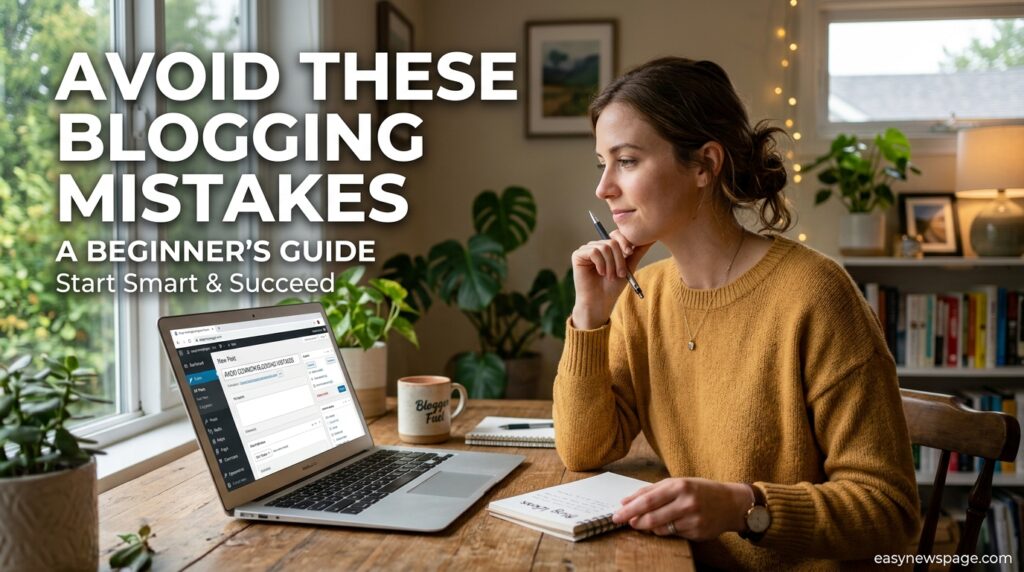Person setting up a new blog on a laptop, avoiding common beginner mistakes