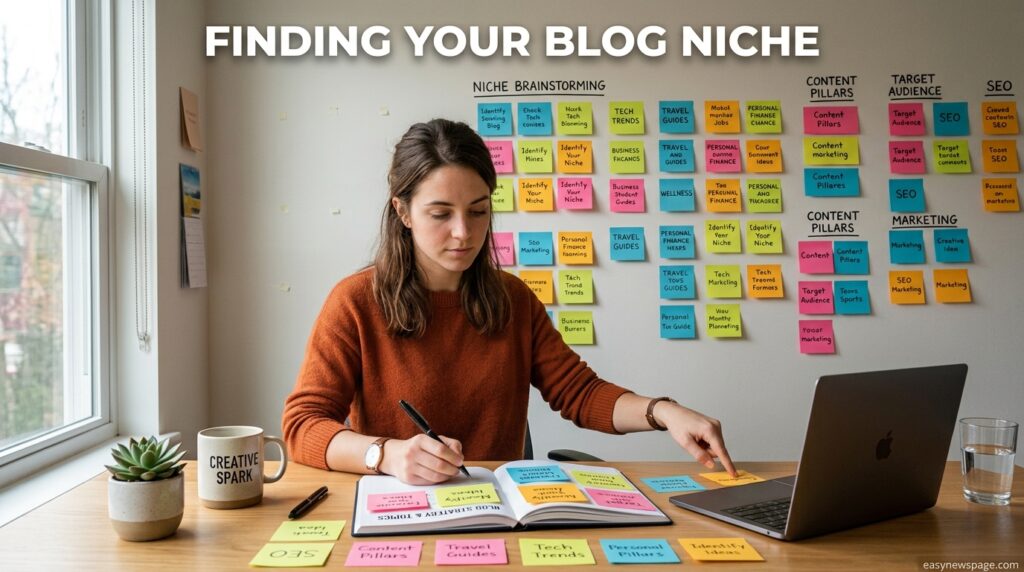 Person brainstorming blog niche ideas with sticky notes and a notebook