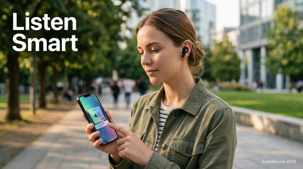 Person wearing wireless earbuds checking phone volume for hearing safety 