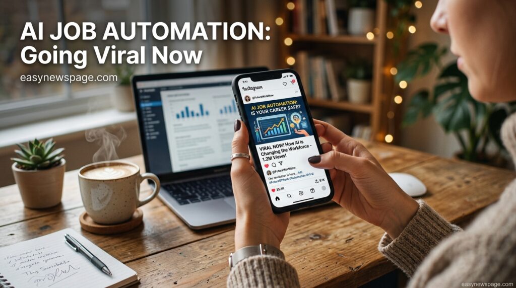 Person scrolling viral social media posts about AI job automation on a phone