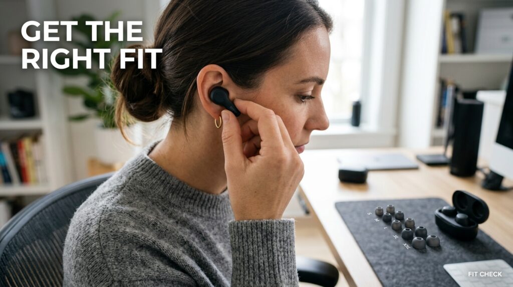 Close-up of a person testing wireless earbud tip sizes for a proper fit 