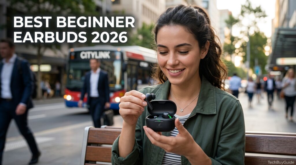 Person opening a wireless earbuds charging case outdoors in the morning 