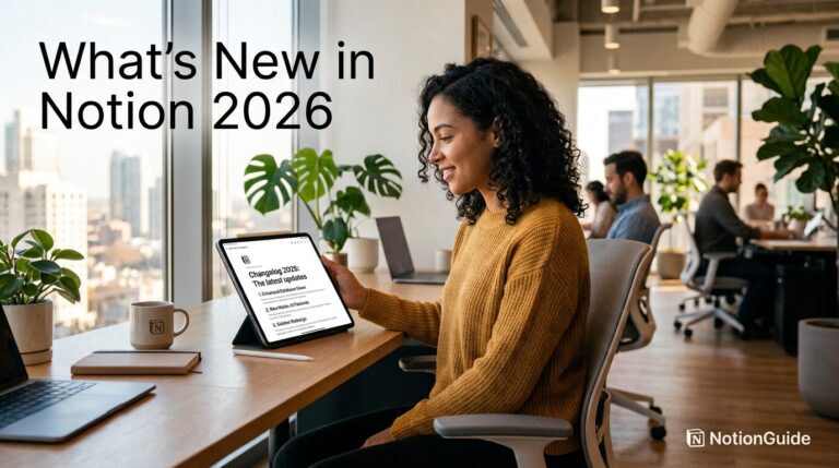 Person reviewing Notion 2026 product updates on a tablet