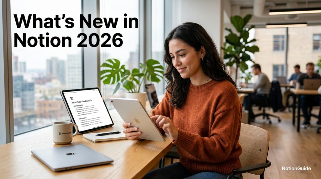 Person reviewing Notion 2026 product updates on a tablet 