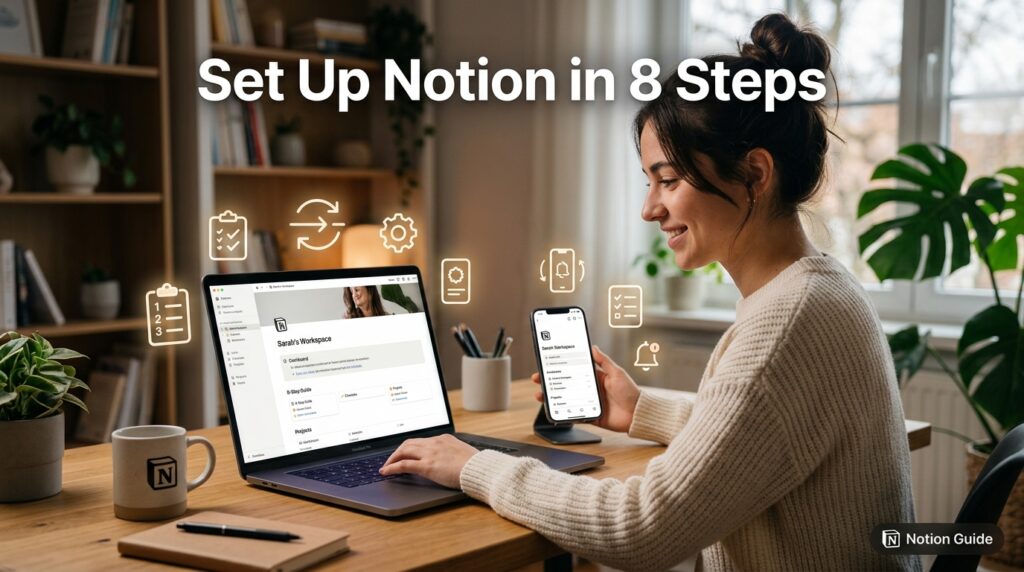 Step-by-step Notion setup process shown across laptop and mobile devices Title: Notion Beginner Setup Steps 