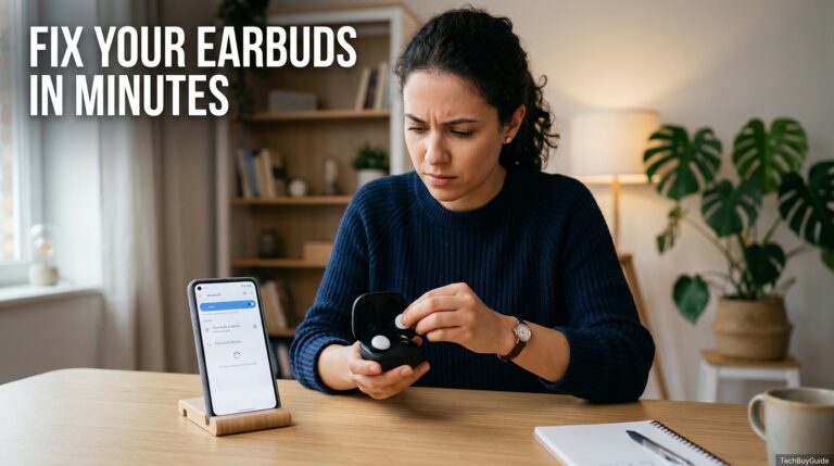 Person troubleshooting wireless earbuds connection next to a phone Bluetooth screen