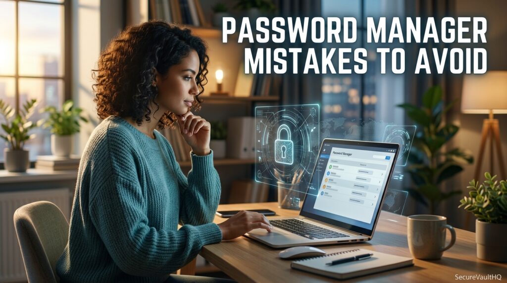 Person using a laptop with a secure encrypted password vault icon overlay 