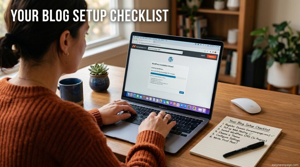 Person setting up a new blog on a laptop next to a handwritten setup checklist